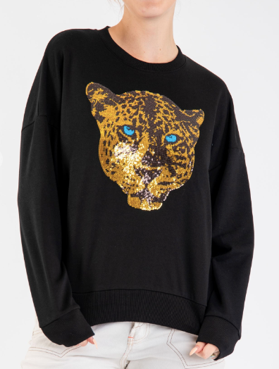 Sequin Jaguar Face Sweatshirt Black Golden Lily
