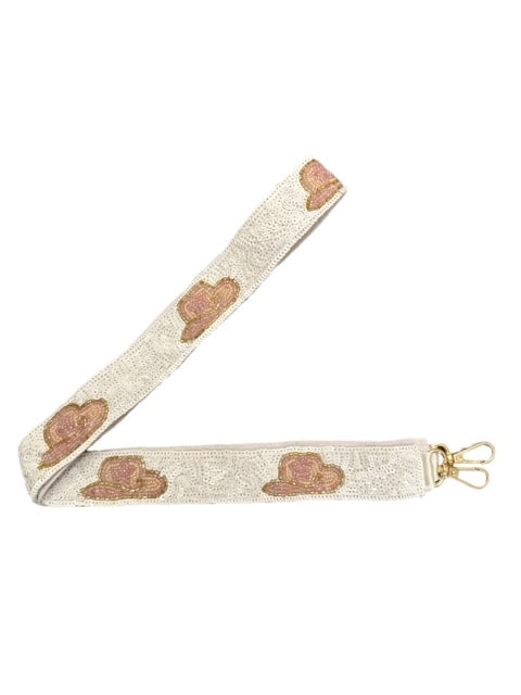 Sequin Bag Strap - White with Pink Cowboy Hat – Golden Lily
