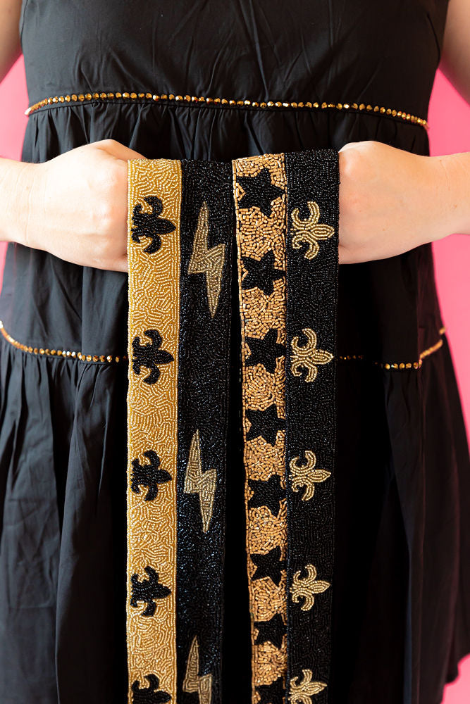 Seed Bead Bag Strap - Gold Strap with Black Fleur De Lis  display picture 1
