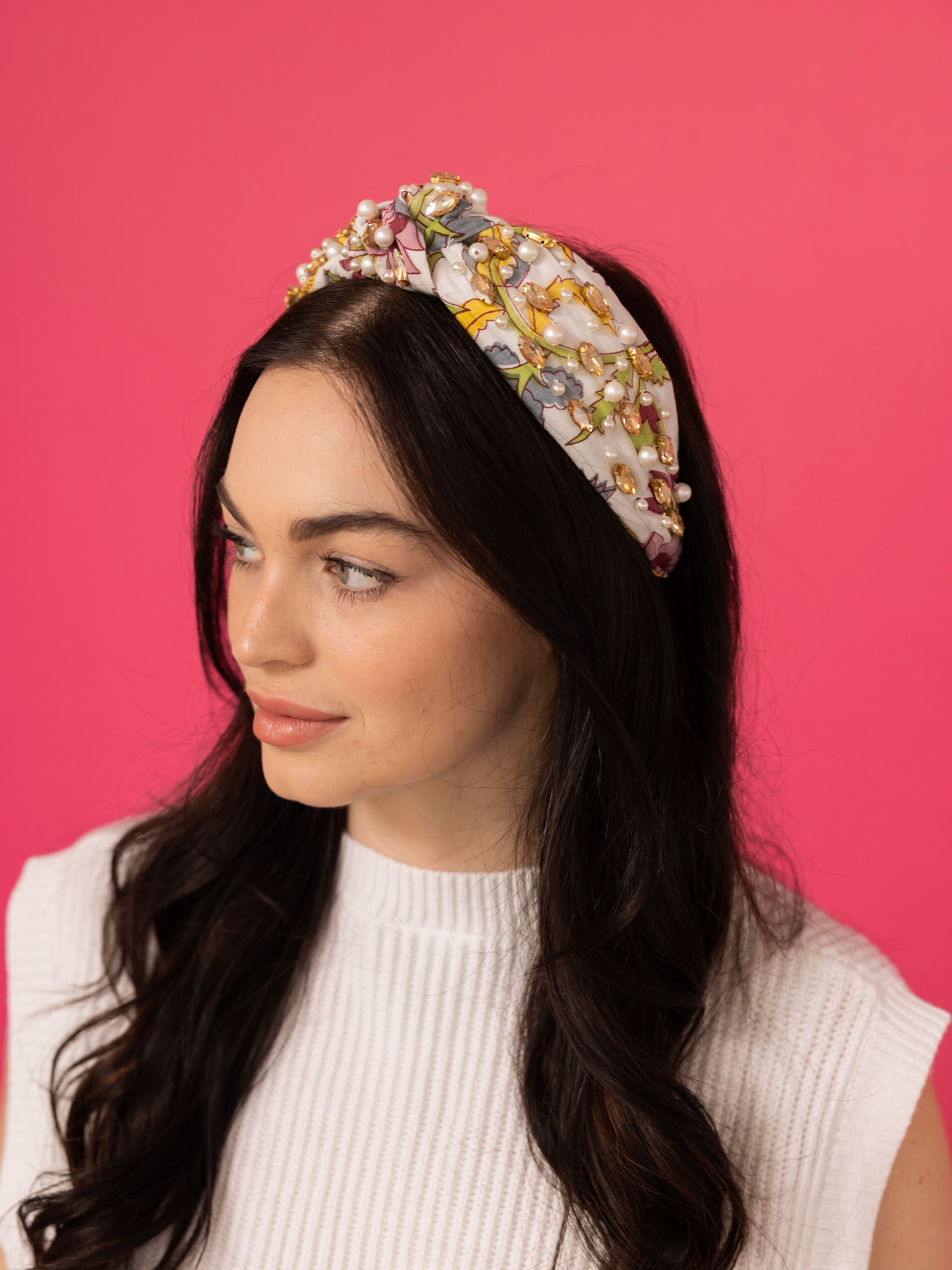 Spring Floral Print Headband - Gold Rhinestone Multi Flowers  display picture 3