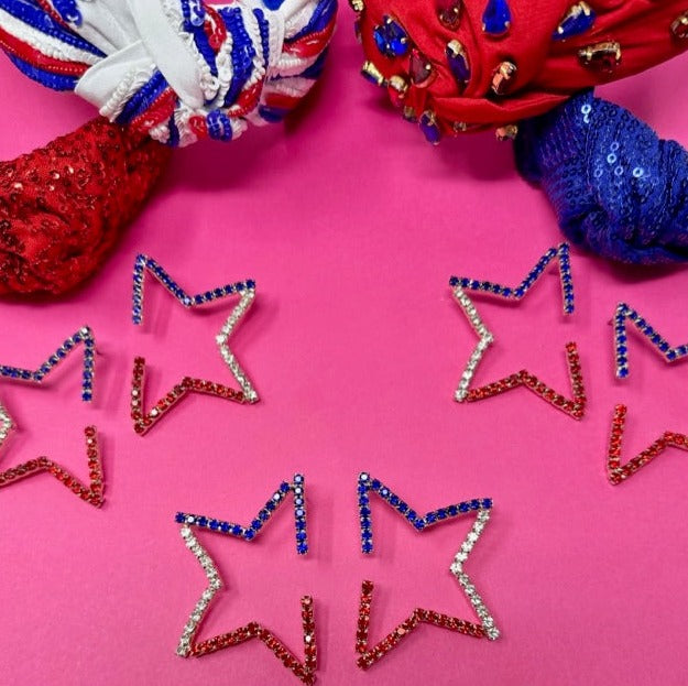 Statement Rhinestone Half Star Earrings - Red, White and Blue