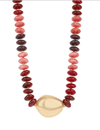 Beaded Necklace with burgundy and plum beads featuring a gold statement centerpiece.