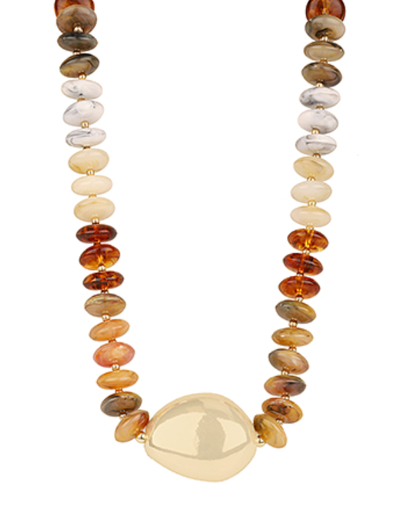 Beaded Necklace with neutral beige tones and a gold statement bead centerpiece.