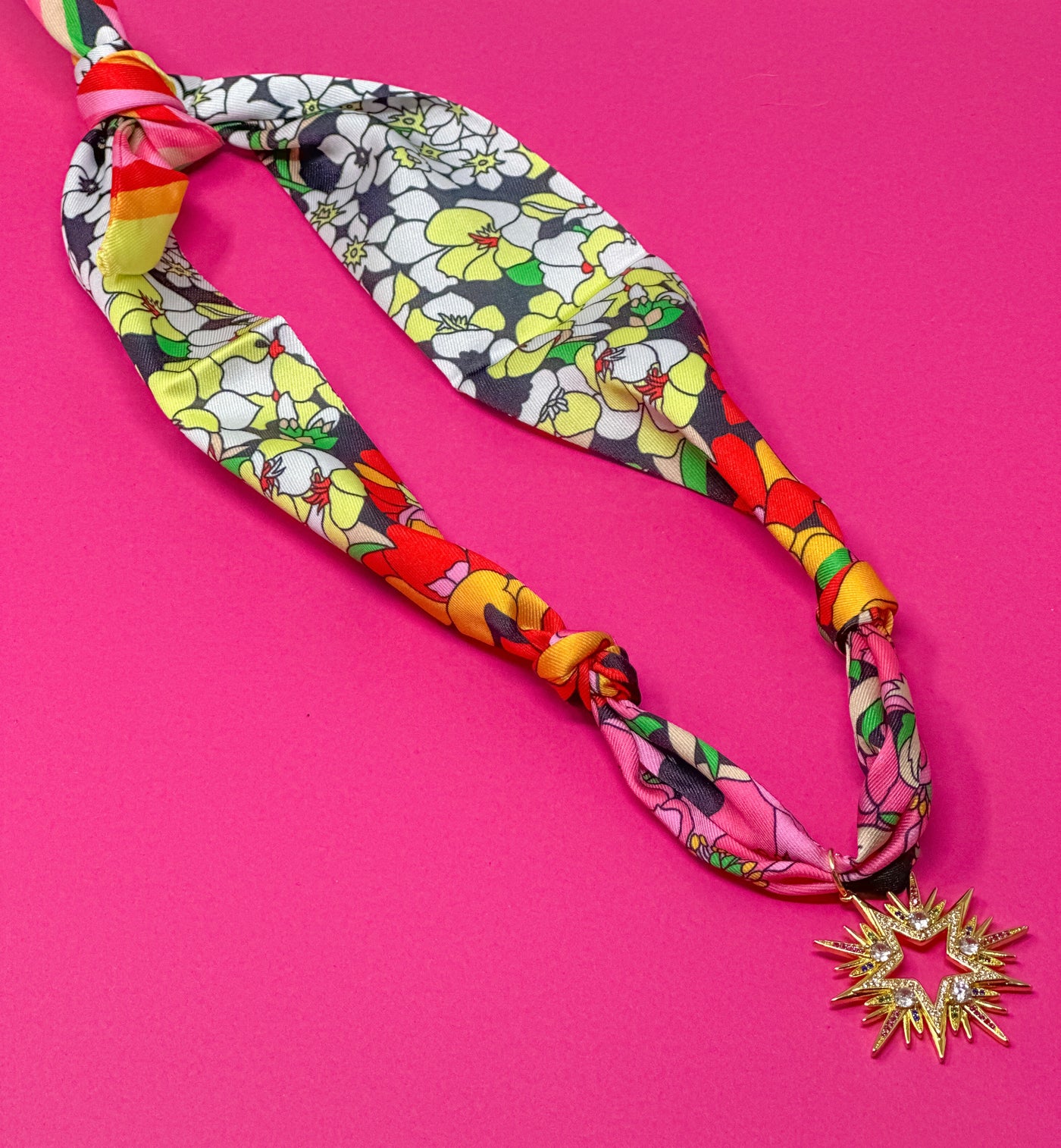 Scarf Charm Necklace - Black Multi with Rhinestone Star