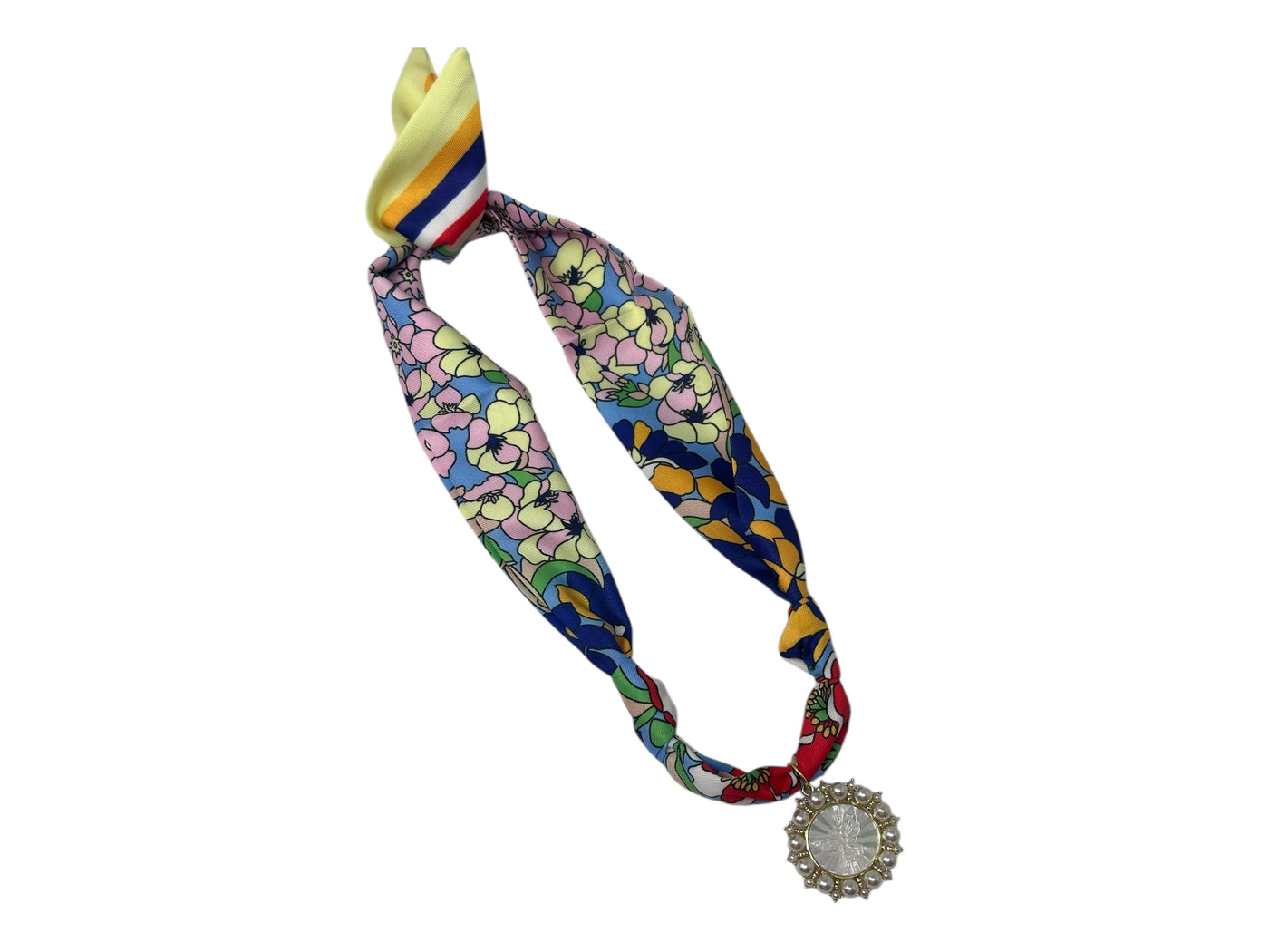 Scarf Charm Necklace - Blue Floral Multi with Pearl Bee Pendant