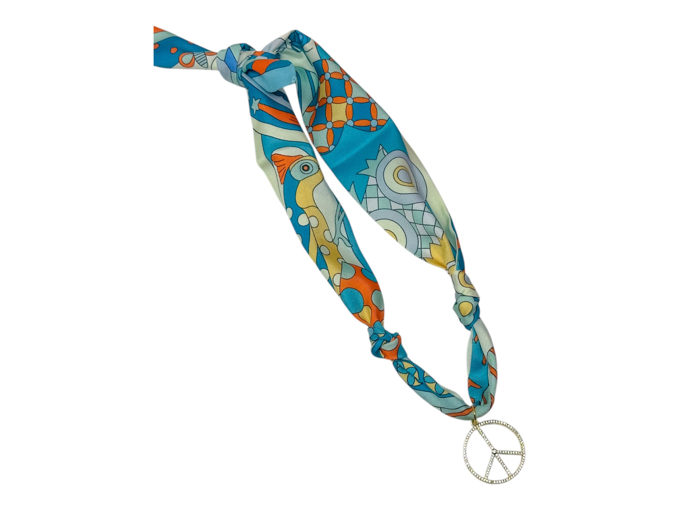 Scarf Charm Necklace - Blue Retro with Rhinestone Peace