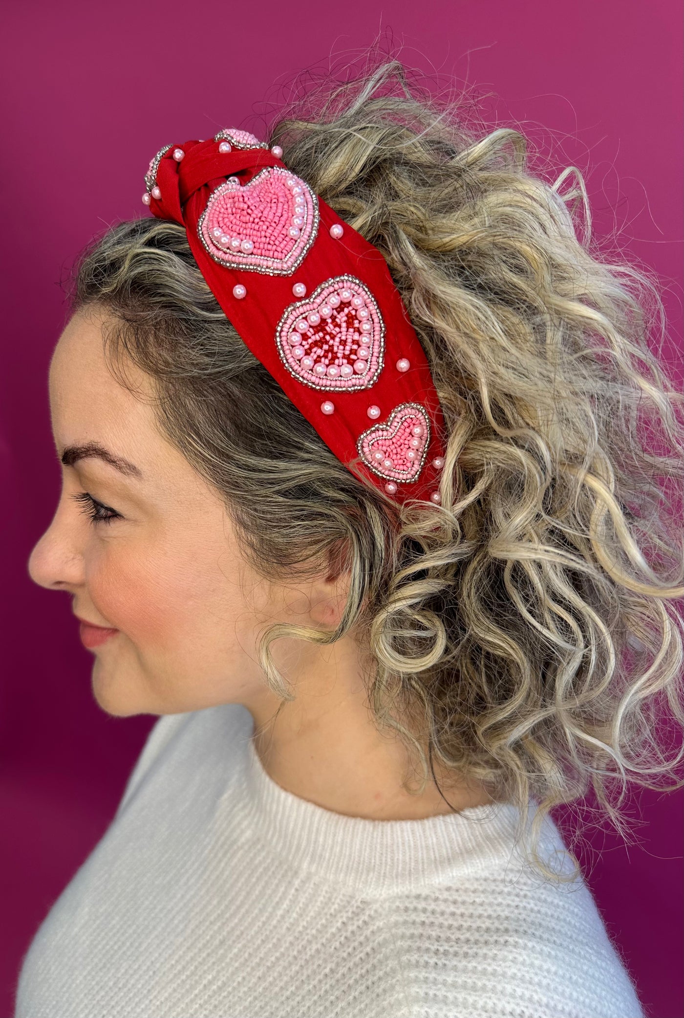 Valentine's Knot Headband - Red with Pearls and Pink Hearts