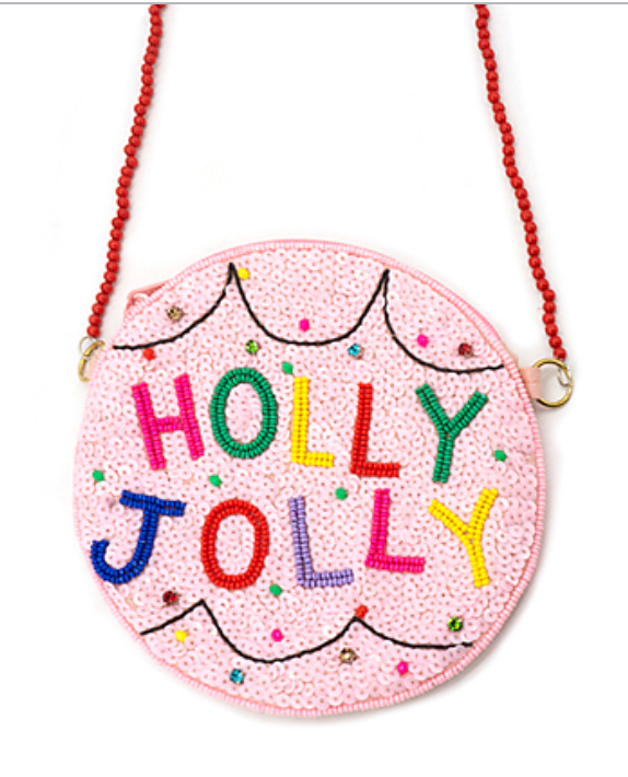 Christmas Holly Jolly Beaded Bag with multicolor beaded lettering on a pink round design.