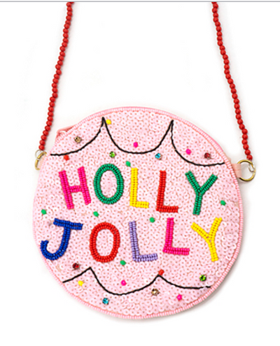 Christmas Holly Jolly Beaded Bag with multicolor beaded lettering on a pink round design.