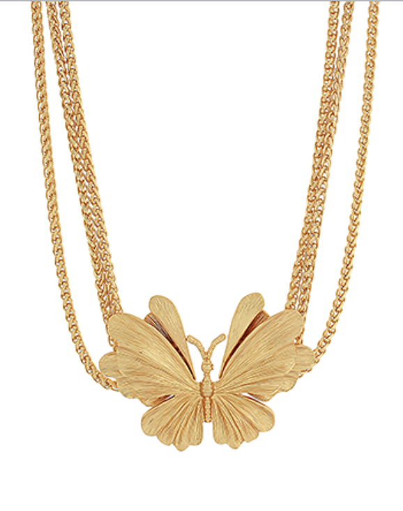 Gold Butterfly Statement Necklace with layered chains and textured butterfly pendant.