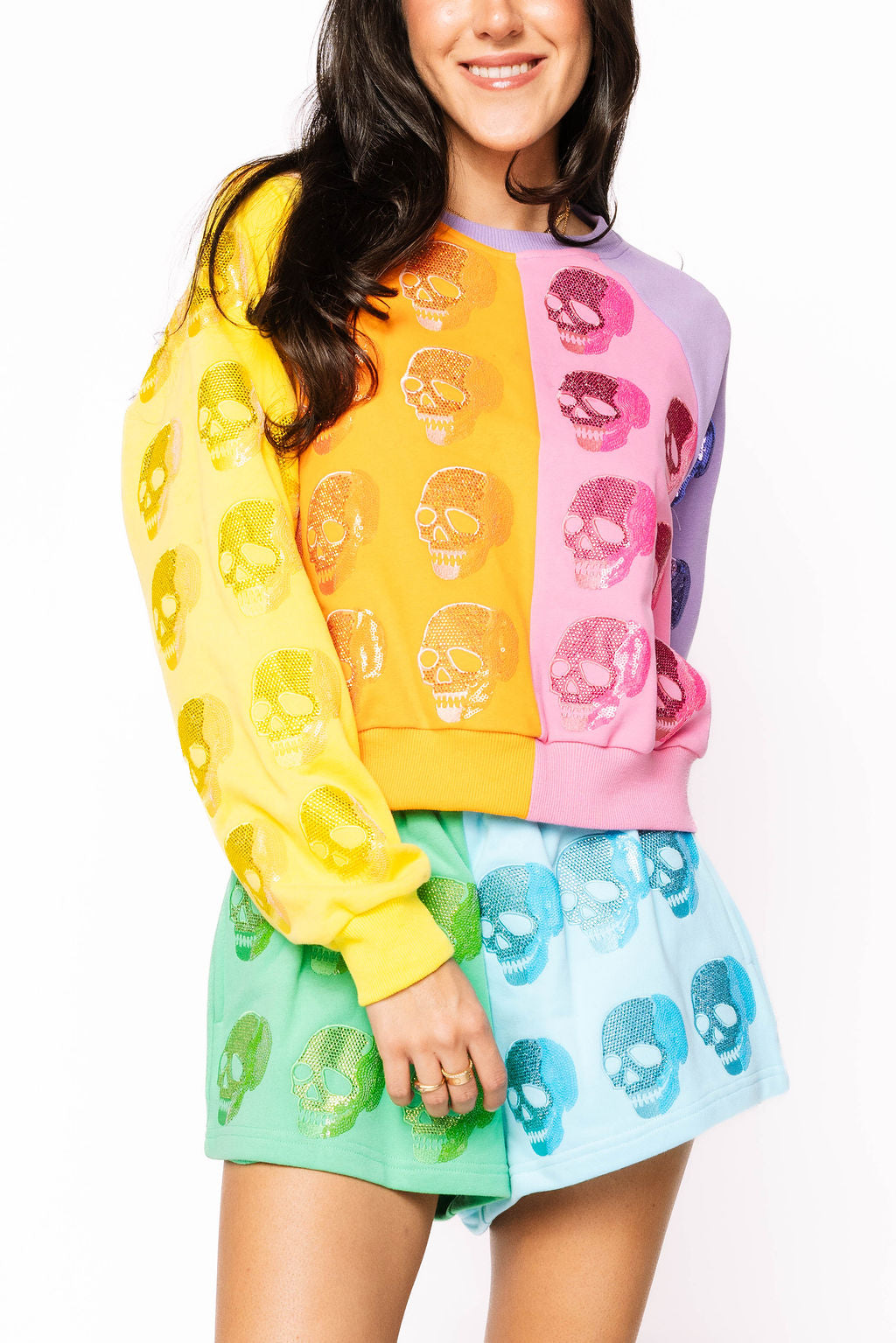 Queen of Sparkles - Color Block Multi Skull Sweatshirt