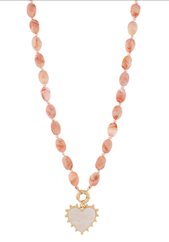 Heart and Marble Stone Beaded Necklace in rose pink with gold-trimmed marble heart pendant.