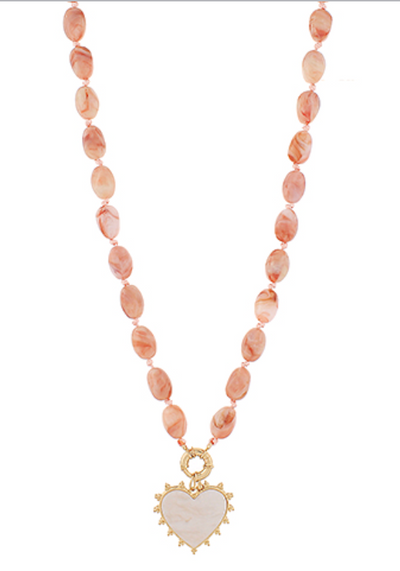Heart and Marble Stone Beaded Necklace in rose pink with gold-trimmed marble heart pendant.