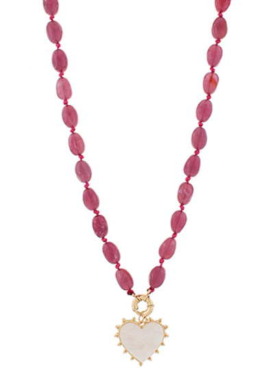 Heart and Marble Stone Beaded Necklace with pink beads and gold-framed heart pendant.