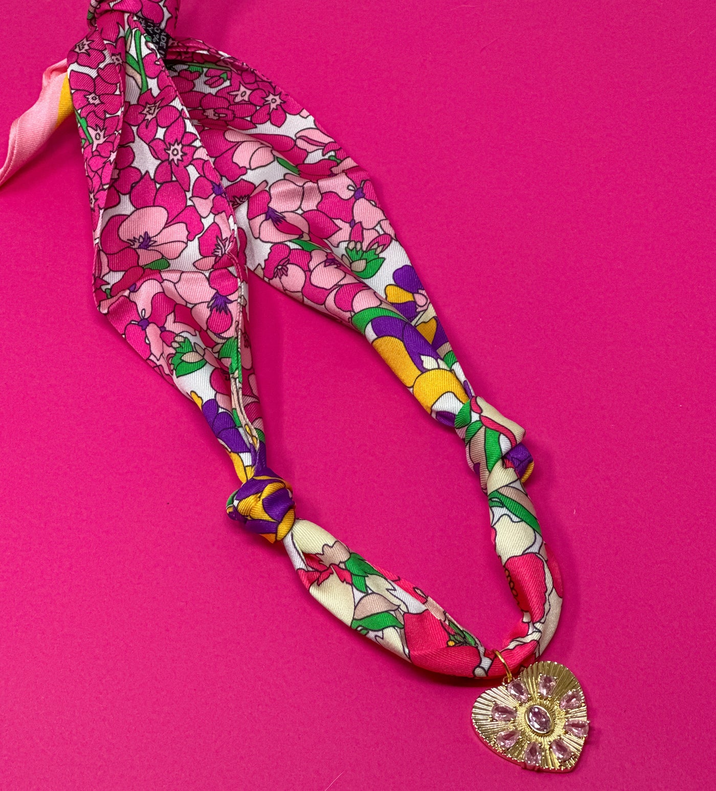 Scarf Charm Necklace - Pink and Purple Multi with Rhinestone Heart