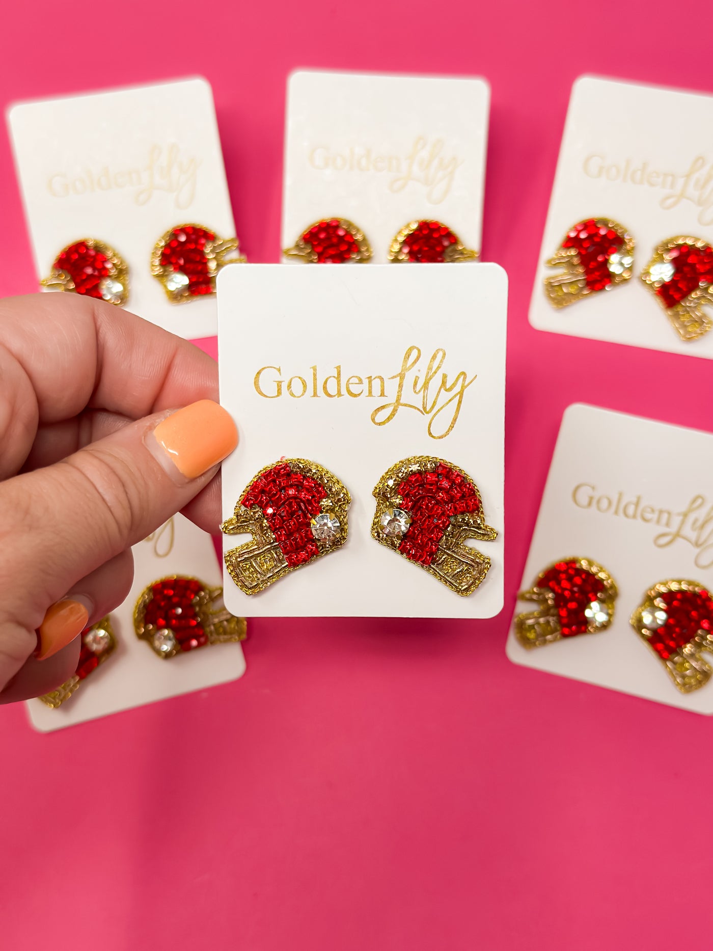 Game Day Helmet Stud Earrings - Red and Gold