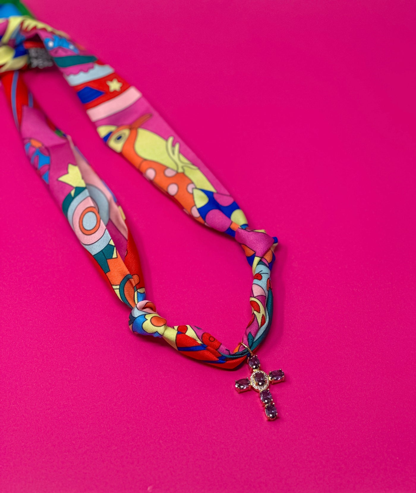 Scarf Charm Necklace - Retro Pink with Purple Cross Pendant