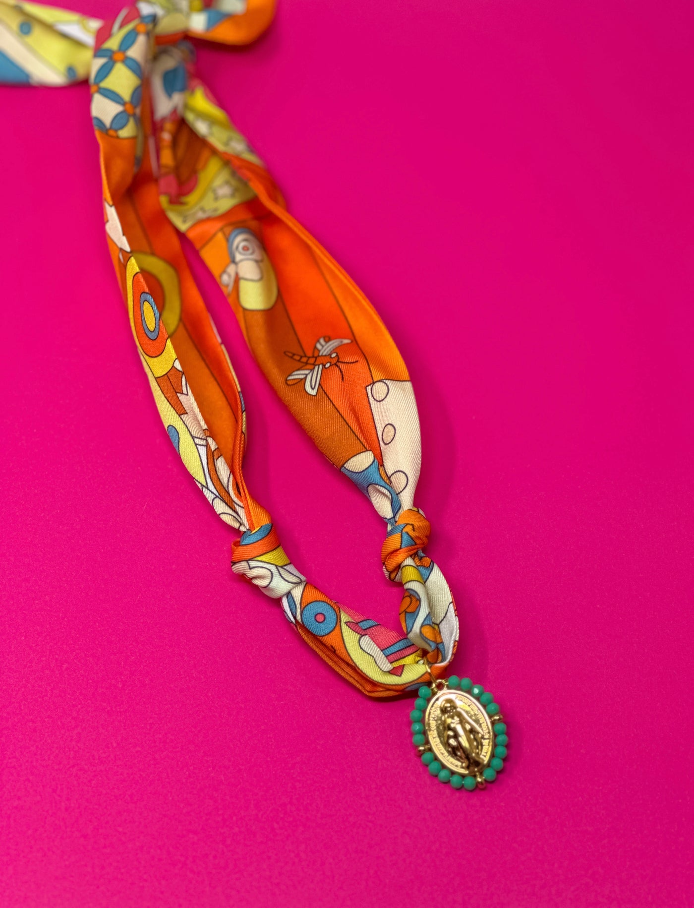 Scarf Charm Necklace - Orange Retro with Turquoise Mary Pendant