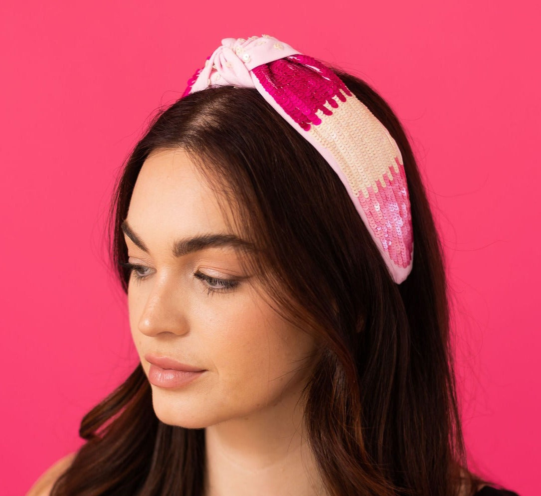 Headband Knot - Pink and White Color Block Sequin