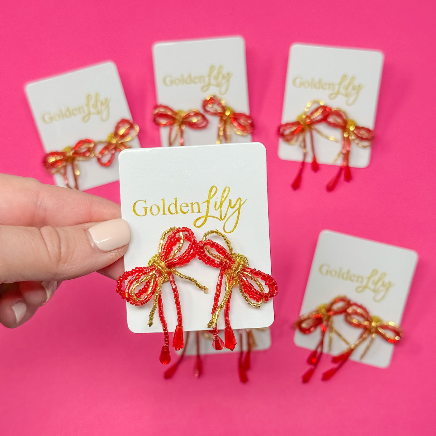 Mini Bow Earrings - Red and Gold