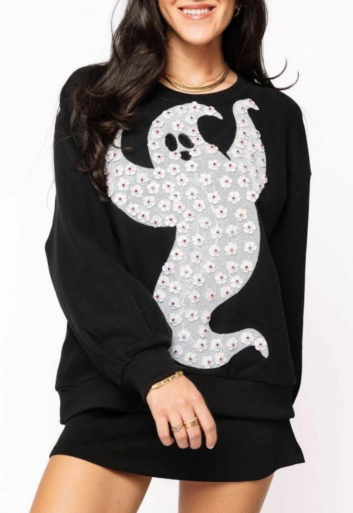 Queen of Sparkles - Black & White Flower Sequin Ghost Sweatshirt