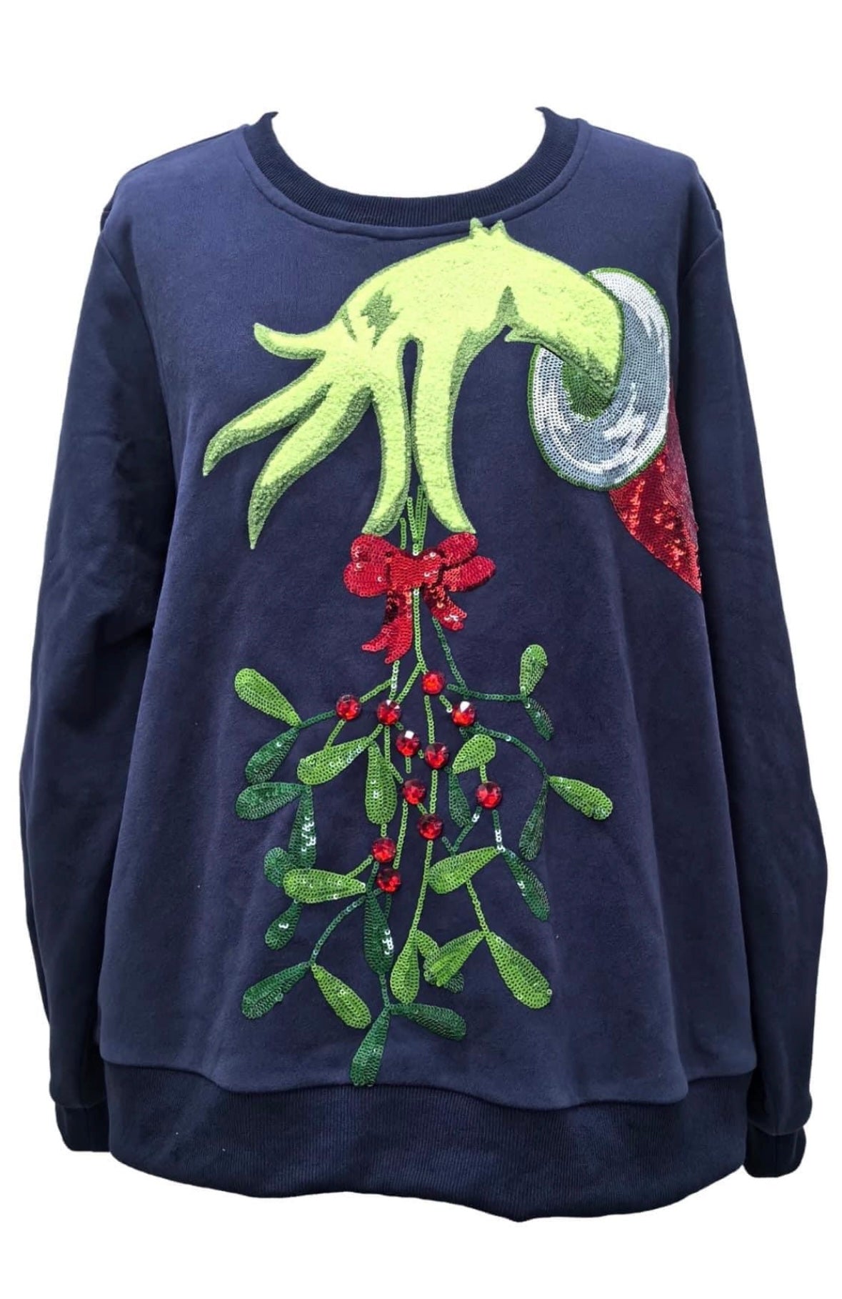 Queen of Sparkles - Navy Grinch Mistletoe Hand Sweatshirt