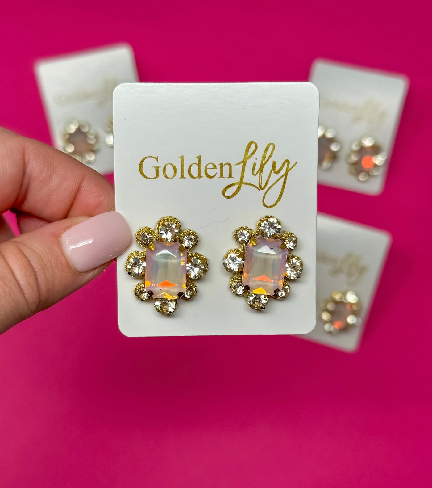 Statement Stud Earrings - Pink, Rhinestone and Opal Stones