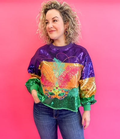 Queen of Sparkles - Mardi Gras Sequin Mask Sweater