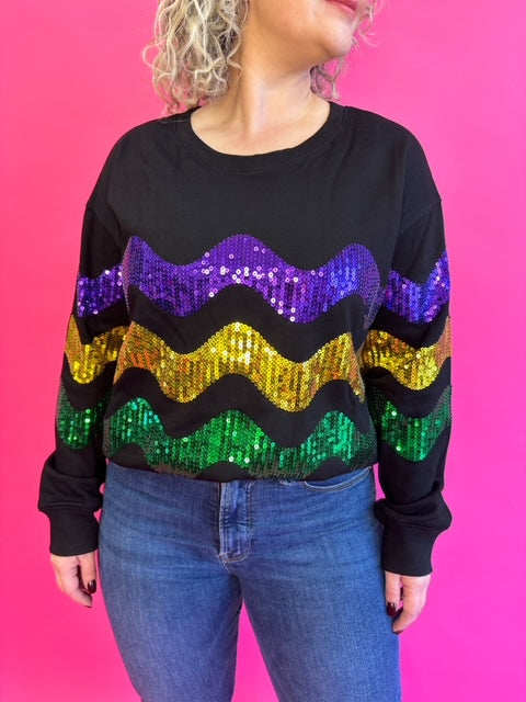 Mardi Gras - Black Sweater with Sequin Swirl
