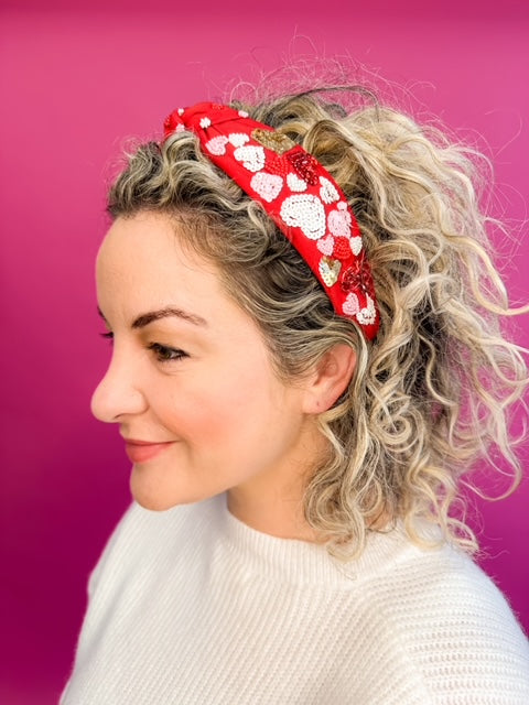 Valentine Headband Knot - Red with Multi Sequin Hearts