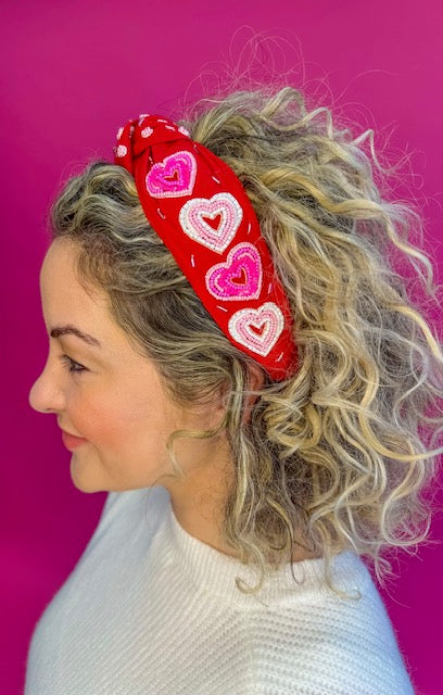 Valentine Headband Knot - Red with Pink and White Open Heart