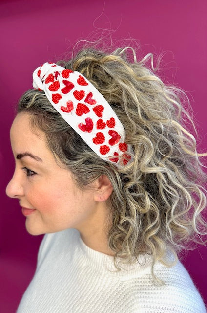 Valentine Headband Knot - White with Red Sequin Hearts