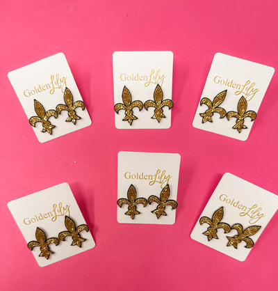 Fleur De Lis Stud Earrings - Black and Gold