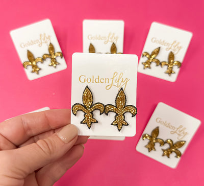 Fleur De Lis Stud Earrings - Black and Gold