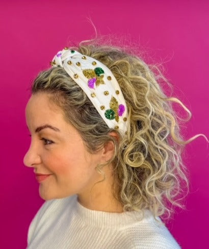 Headband Knot - Mardi Gras - White with Sequin Fleur De Lis