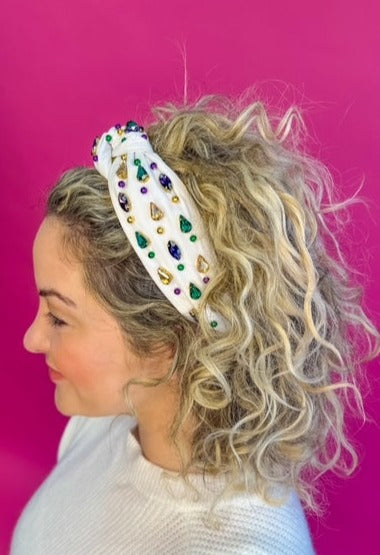 Headband Knot - Mardi Gras White with Rhinestone and Beads
