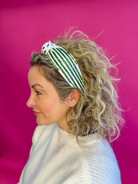 Headband Knot - Sequin Stripe - White and Green