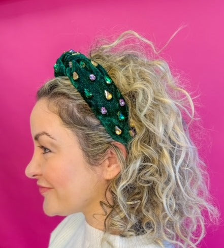 Mardi Gras Velvet Rhinestone Headband - Green