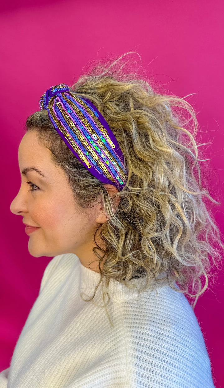 Lilac Confetti Beaded Knot Velvet Headband Rainbow Beads Handmade Knotted Turban Velvet Rainbow Sprinkle Knotted Headband- Knotted Headband  main image 2