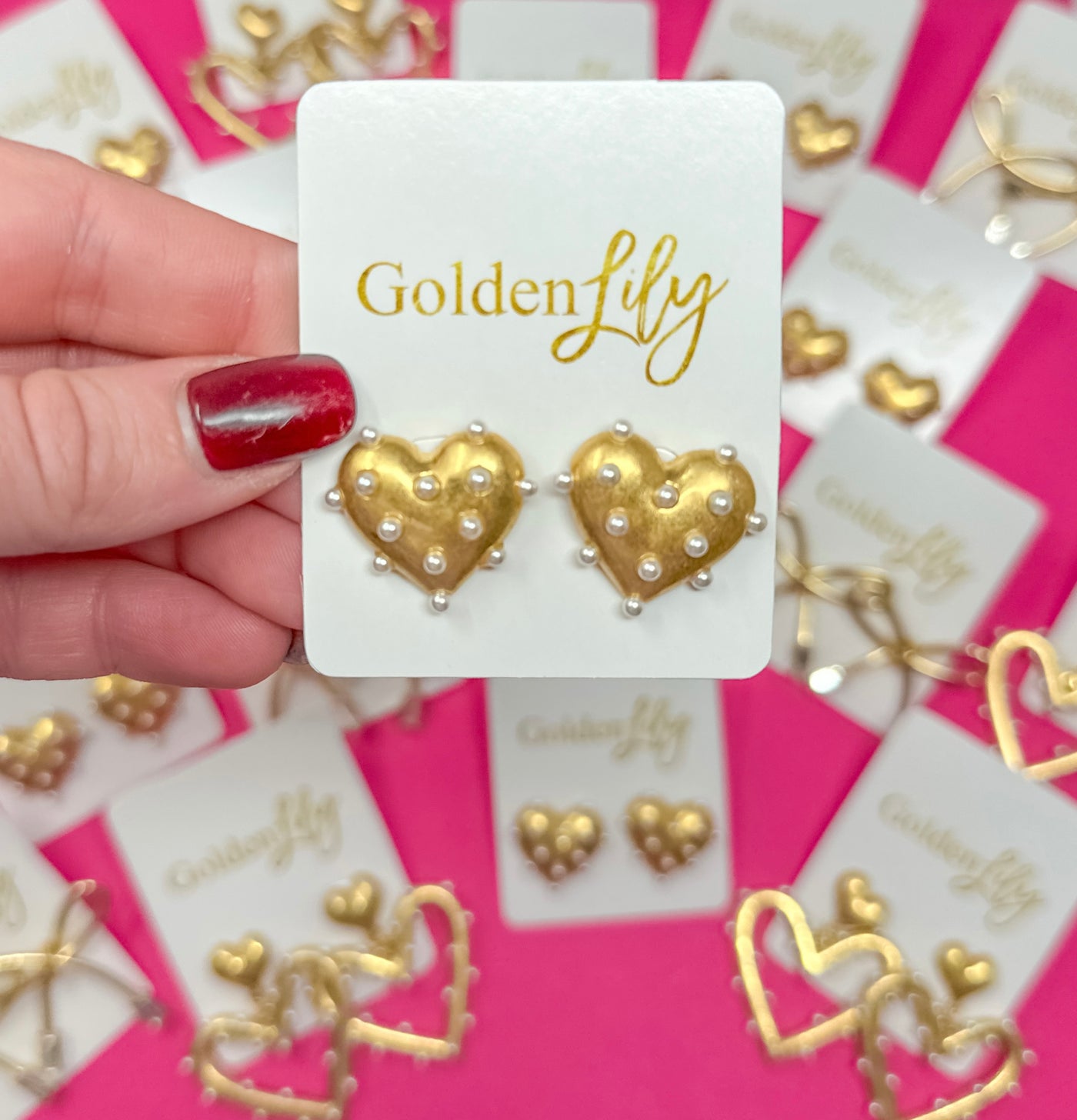Gold with Pearl Heart Stud Earrings