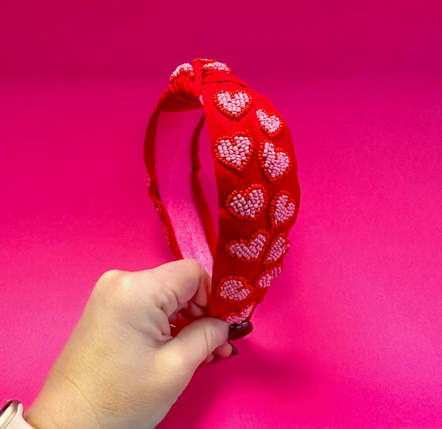 Headband Knot - Red with Pink Hearts