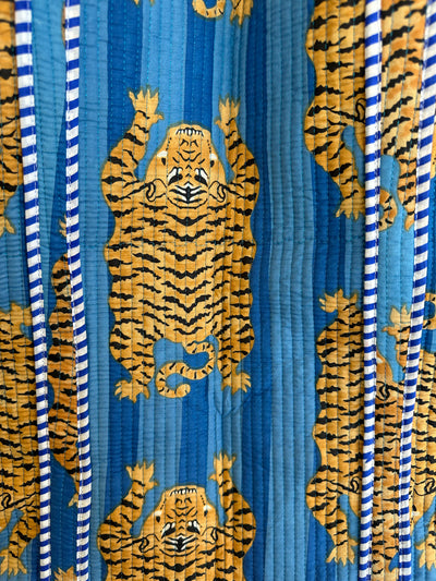 Quilted Block Print Tote - Blue Tiger