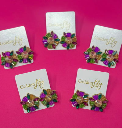 Mardi Gras Rhinestone Bead Burst Earrings