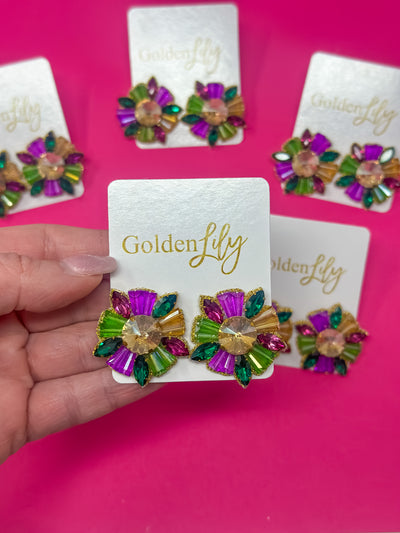 Mardi Gras Rhinestone Bead Burst Earrings