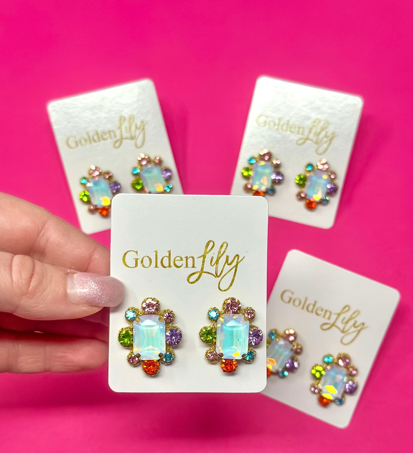 Statement Stud Earrings - Opal with Multi Stones
