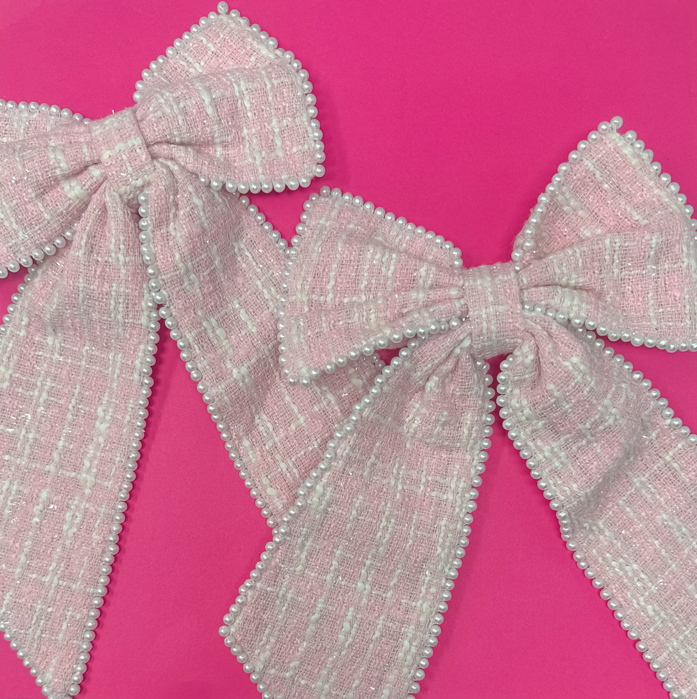 Plaid Tweed Bow with Pearls - Pink