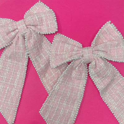 Plaid Tweed Bow with Pearls - Pink