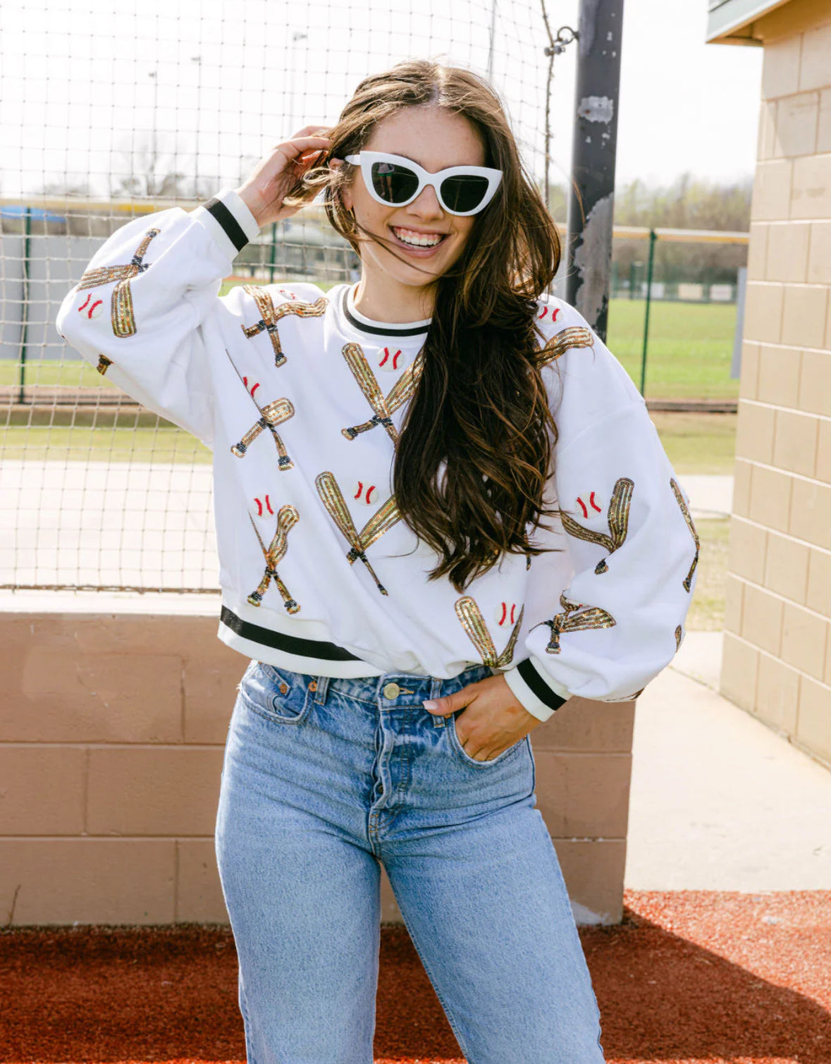 Queen of Sparkles - Scattered Baseball and Bat Sweatshirt - White