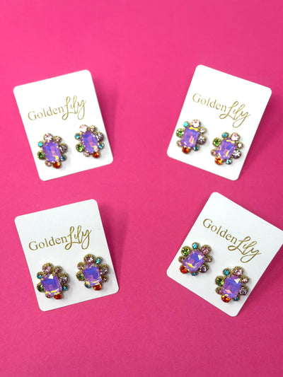 Statement Stud Earrings - Iridescent Purple with Multi Stones