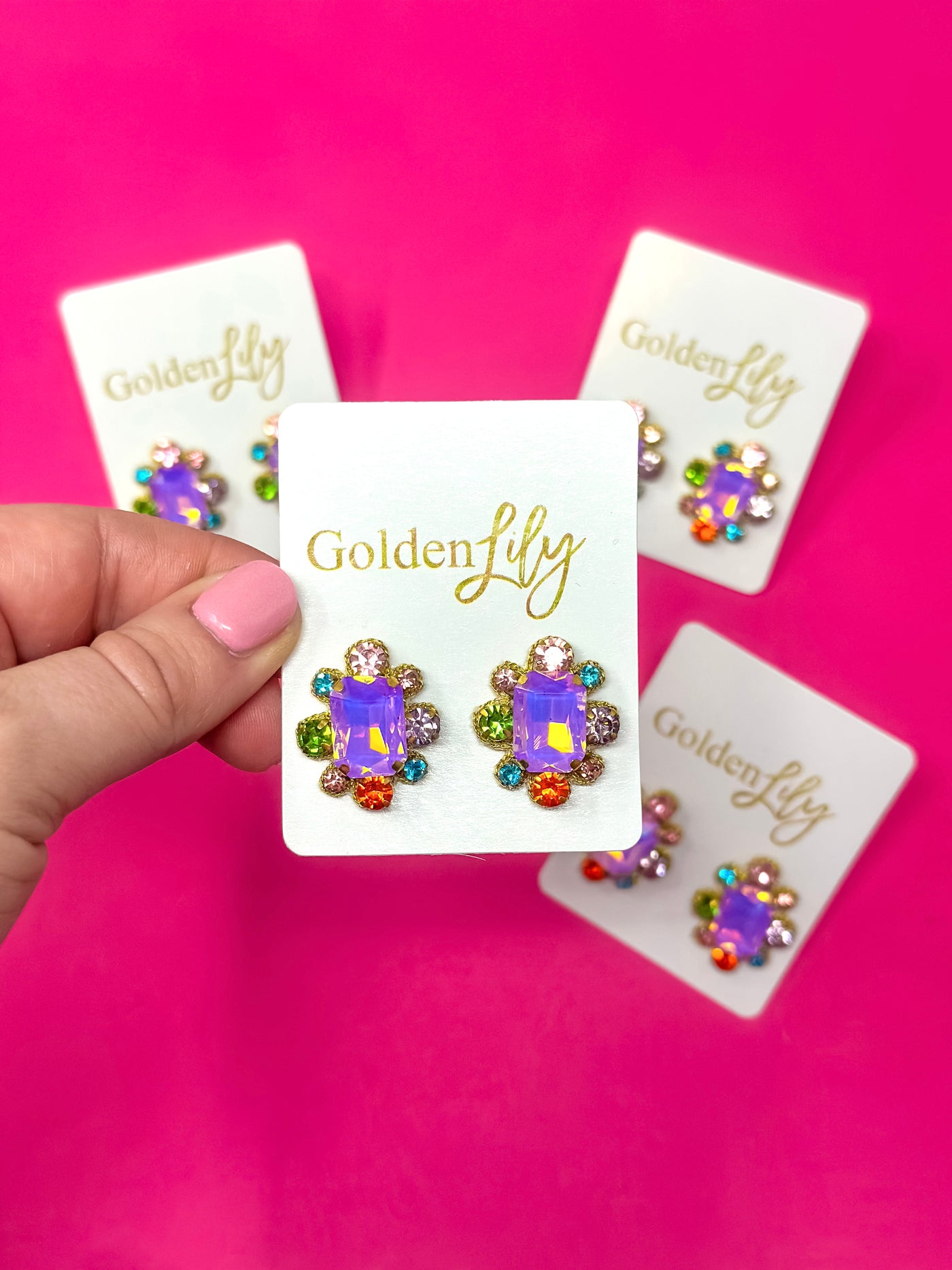Statement Stud Earrings - Iridescent Purple with Multi Stones